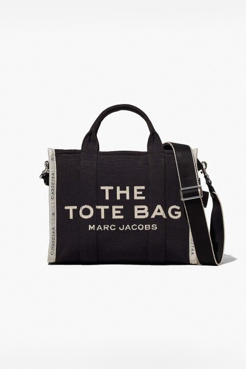 Kadın Tote Bag Jakarlı Kumaş Yazı Baskılı Şerit Detaylı El Çantası - Siyah - Marc Jacobs