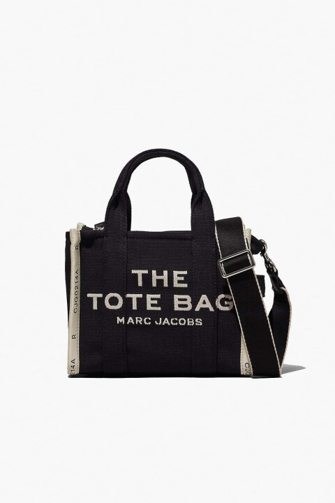 Kadın Tote Bag Jakarlı Kumaş Yazı Baskılı Şerit Detaylı Omuz Çantası - Siyah - Marc Jacobs
