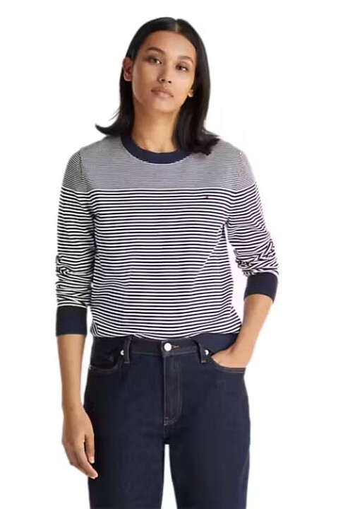Kadın Jersey Bisiklet Yaka Çizgili Triko Kazak - Lacivert/Beyaz 
