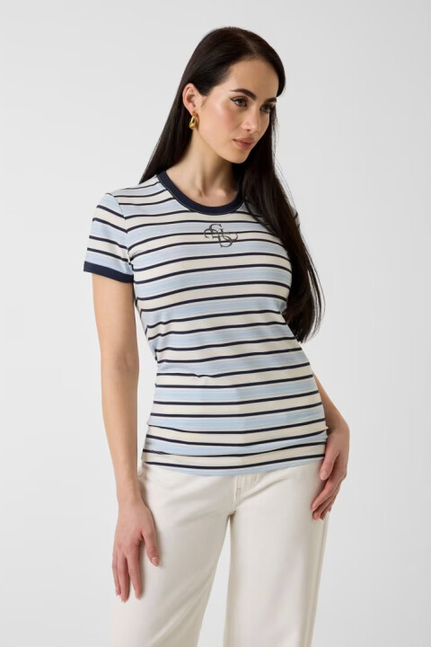 Kadın Jersey Modal Karışımlı Slim Fit T-Shirt - Krem/Mavi 