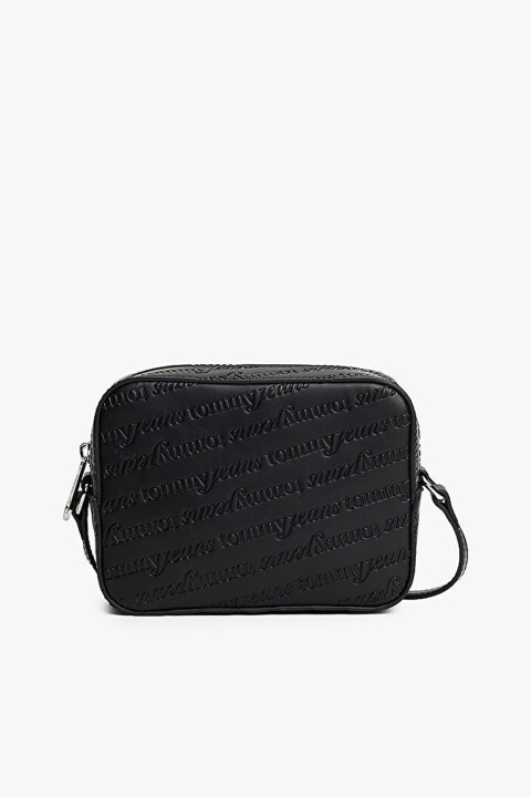 Kadın Kabartma Yazı Desenli Kamera Çantası - Siyah 