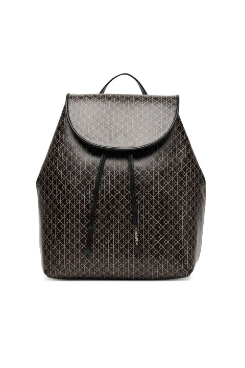 Kadın Kapaklı ve Büzgülü Monogram Desenli Sırt Çantası - Siyah - Calvin Klein