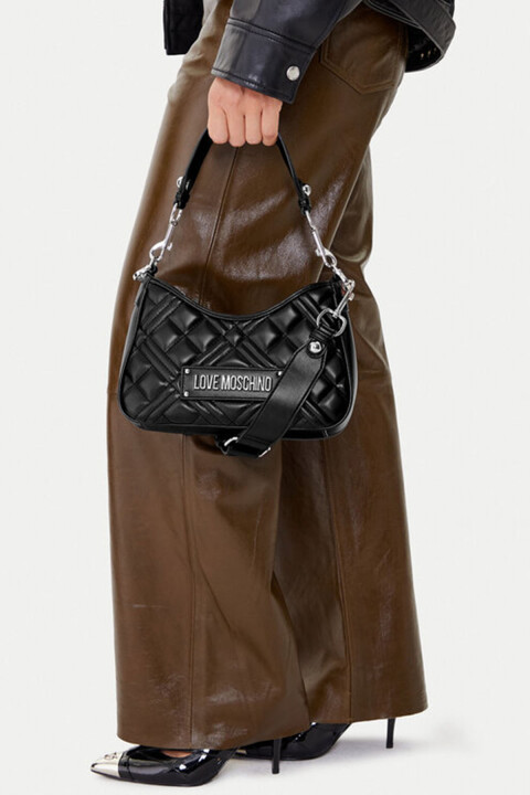 Kadın Kapitone Logo Omuz Çantası – Siyah - Love Moschino