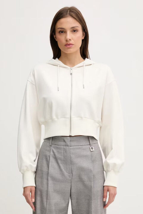 Kadın Kapüşonlu Fermuarlı Punto Milano Hırka - Krem - Calvin Klein