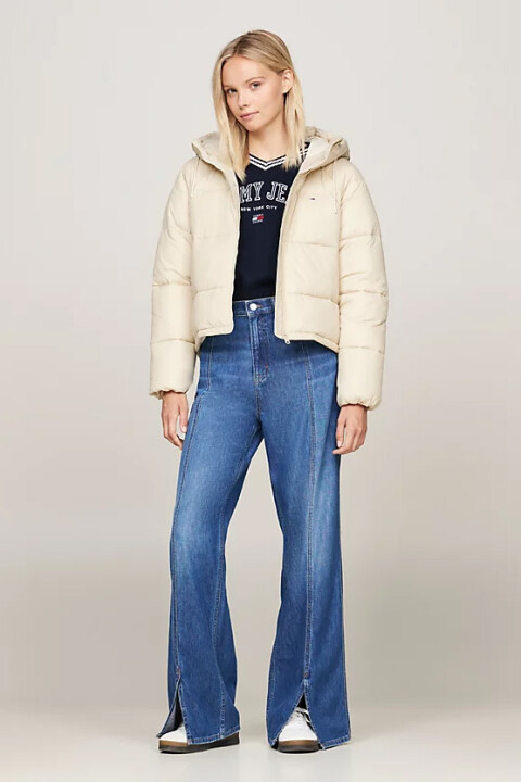 Kadın Kapüşonlu Fermuarlı Şişme Mont - Bej 