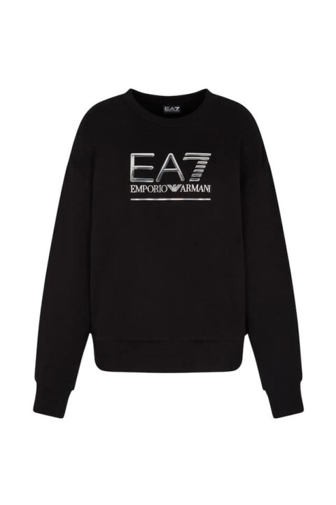 Kadın Kapüşonlu Tam Kalıp Kanguru Cepli Sweatshirt - Siyah/Gümüş - Ea7