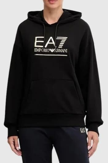 Kadın Kapüşonlu Tam Kalıp Logolu Sweatshirt - Siyah/Altın - Ea7
