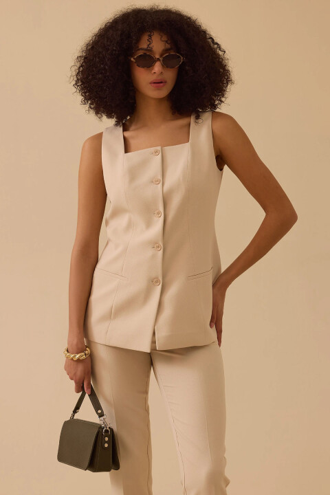 Kadın Kare Yaka Düğmeli Yelek - Bej - Seçil