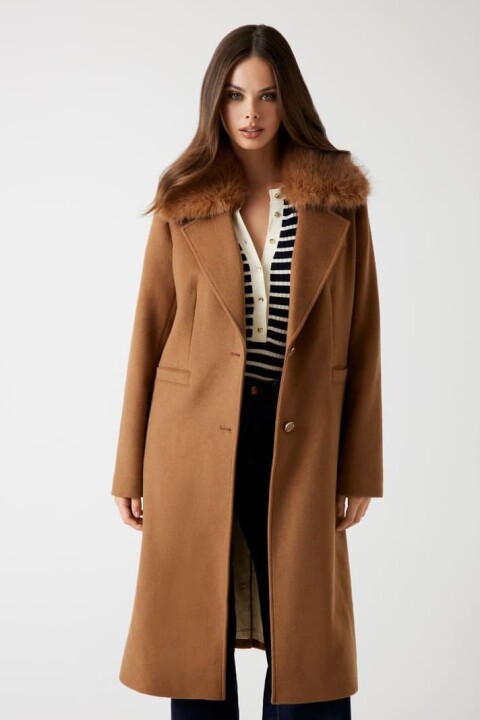 Kadın Karole Yün Karışımlı Kaban - Kahverengi - Guess