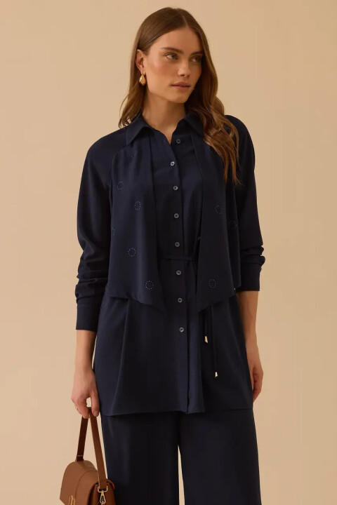 Kadın Katmanlı Bağlama Detaylı Tunik - Lacivert - Seçil