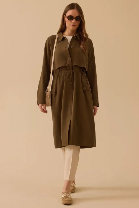 Kadın Katmanlı Bel Bağcıklı Düğmeli Kap - Haki - Seçil