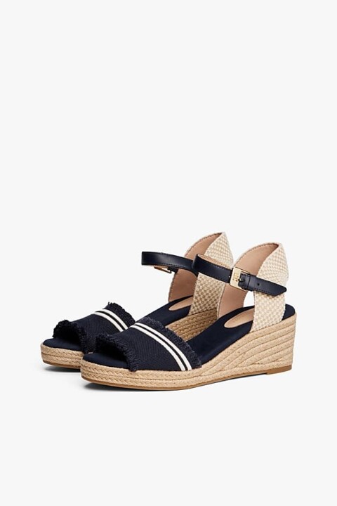 Kadın Kısa Topuklu Hasır Detaylı Sandalet - Lacivert 
