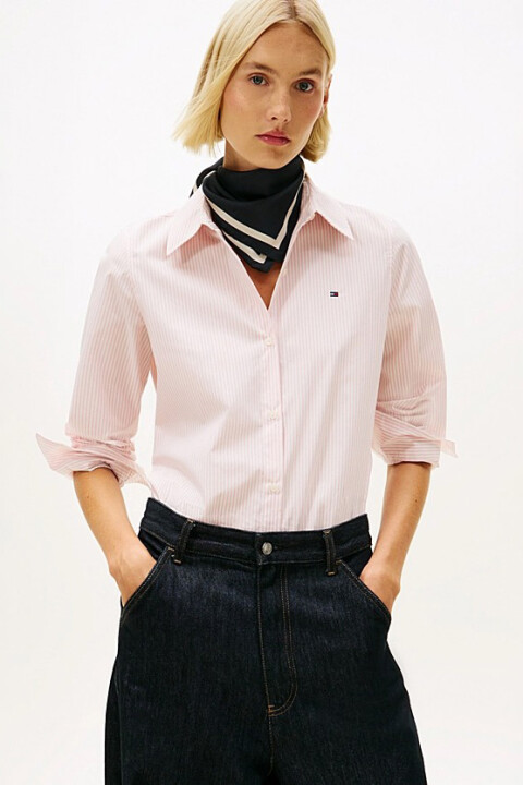 Kadın Klasik Kesim Poplin Gömlek - Pembe/Beyaz 