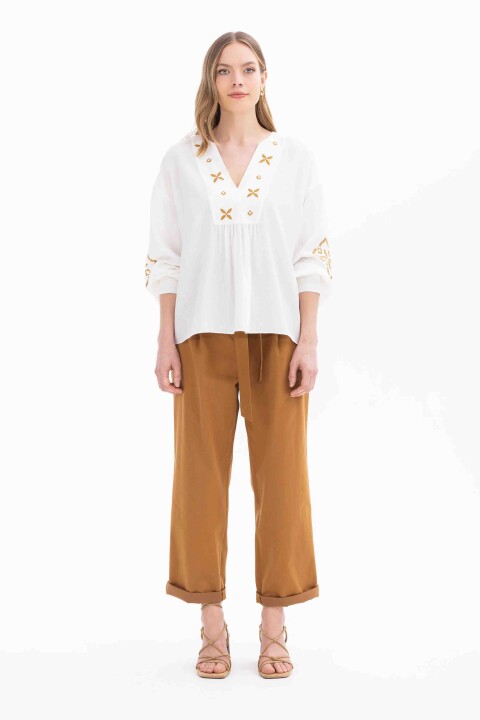 Kadın Kuşaklı Bilek Boy Pantolon-Taba - Seçil