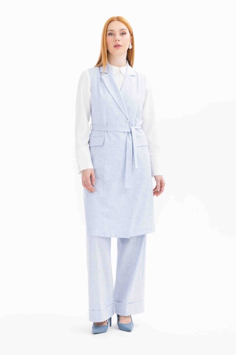 Kadın Kuşaklı Cep Detaylı Yelek-Mavi - Seçil