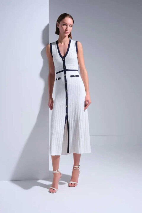 Kadın Lacivert Şerit Detaylı Midi Elbise - Beyaz - Join Us