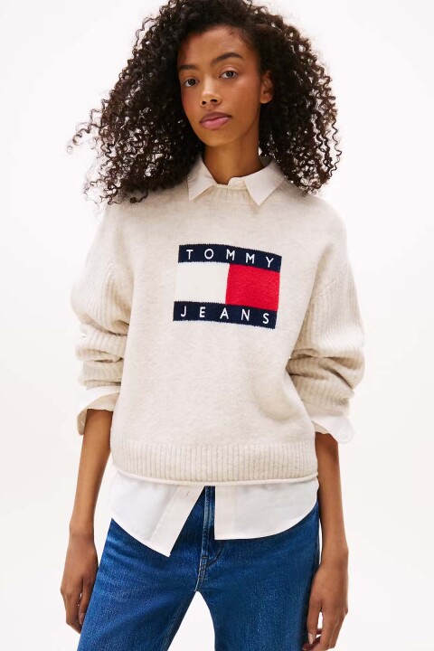 Kadın Logo Detaylı Yuvarlak Yaka Triko Kazak – Beyaz - Tommy Hilfiger