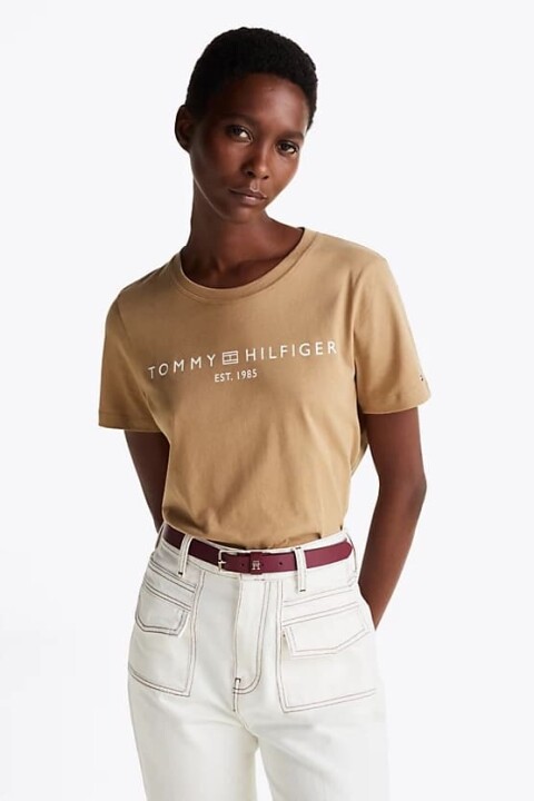 Kadın Logo Yuvarlak Yaka T-Shirt - Açık Kahverengi 