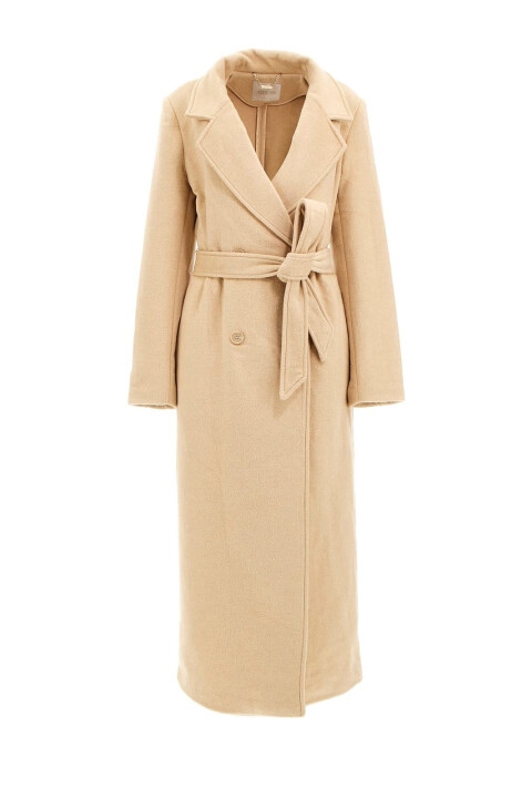 Kadın Lorenza Kuşaklı Kruvaze Yaka Uzun Kaban - Bej - Guess