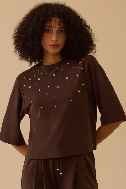 Kadın Metal Halka Detaylı Yarım Kol Sweatshirt - Kahverengi - Seçil