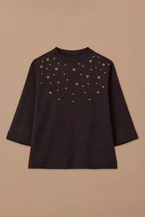 Kadın Metal Halka Detaylı Yarım Kol Sweatshirt - Siyah 