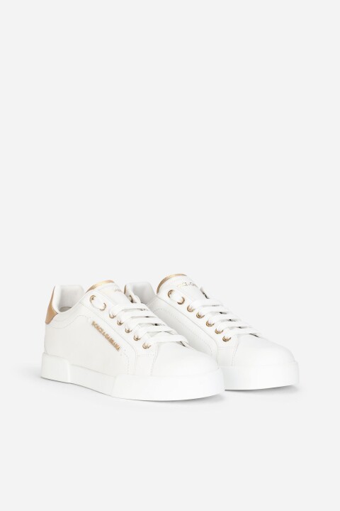 Kadın Metalik Topuk Detaylı Deri Sneakers - Beyaz/Altın - Dolce&gabbana
