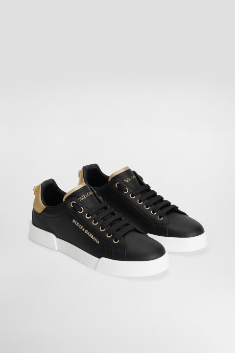 Kadın Metalik Topuk Detaylı Deri Sneakers - Siyah/Altın - Dolce&gabbana