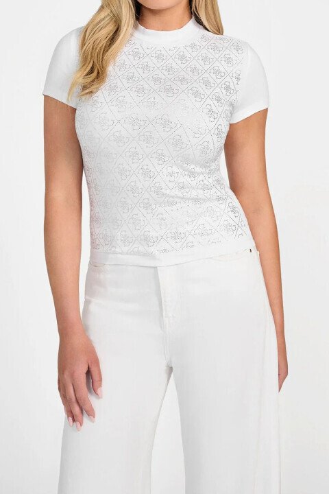 Kadın Mock Tam Kalıp Yuvarlak Yaka Logolu T-Shirt - Beyaz 