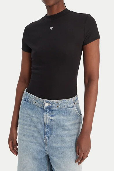 Kadın Mock Yün ve İpek Karışımlı T-Shirt - Siyah 