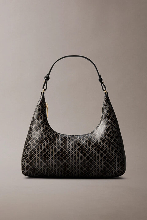 Kadın Monogram Baskılı Hobo Omuz Çantası - Siyah 