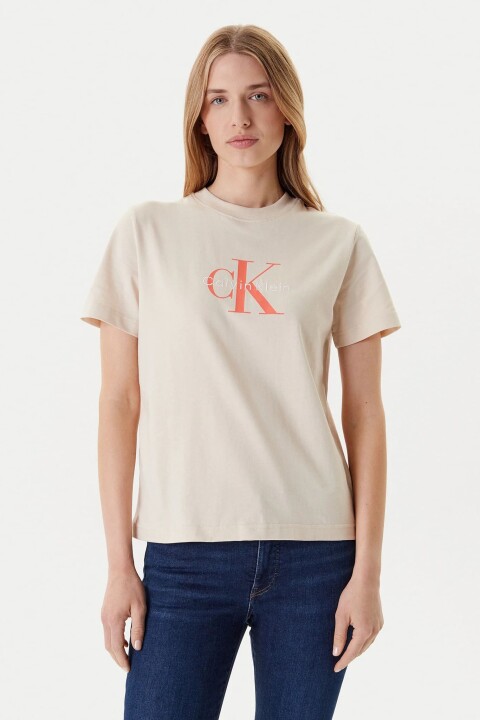 Kadın Monogram Logolu T-Shirt - Bej 