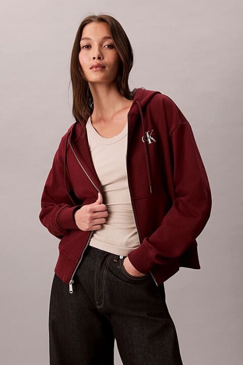 Kadın Monologo French Terry Boyfriend Kalıp Kapüşonlu Fermuarlı Sweatshirt - Bordo 