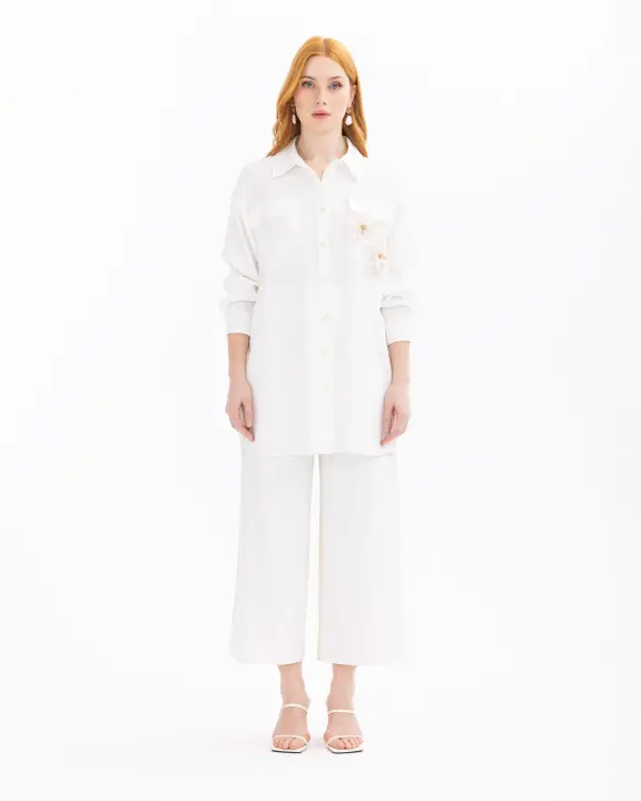 Kadın Nakış Desenli Düğmeli Gömlek-Ekru 