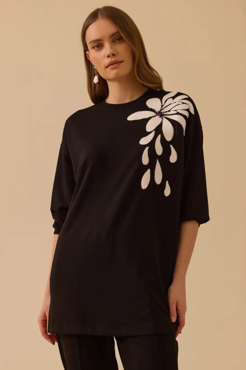 Kadın Nakışlı Boncuk Detaylı Sweatshirt - Siyah 