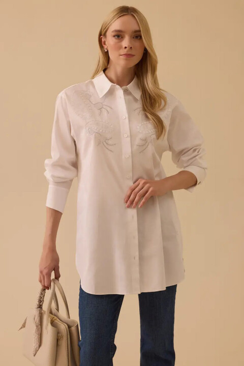 Kadın Nakışlı Gömlek - Beyaz - Seçil