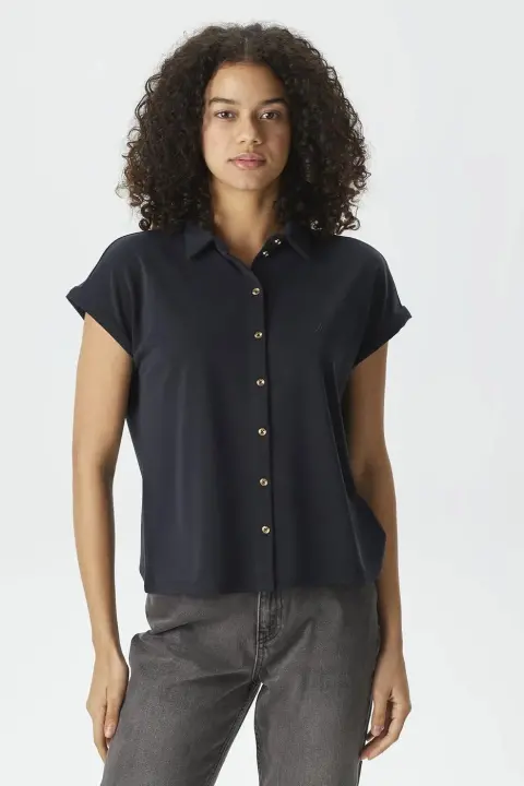 Kadın Kısa Kollu Relaxed Fit Polo Gömlek - Siyah - Nautica