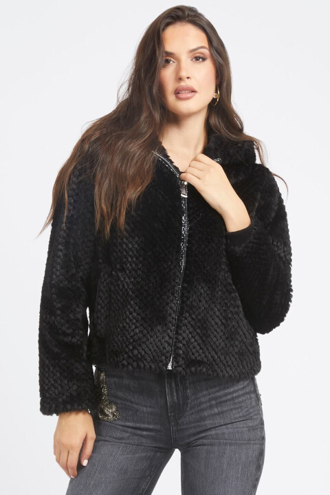 Kadın New Theolıne Yapay Kürk Kapüşonlu Ceket - Siyah - Guess
