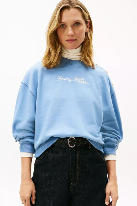 Kadın Omuz Düğmeli Script Nakışlı Sweatshirt - Mavi - Tommy Hilfiger