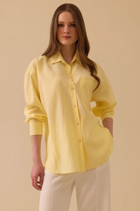 Kadın Oversize Basic Keten Gömlek - Sarı - Seçil