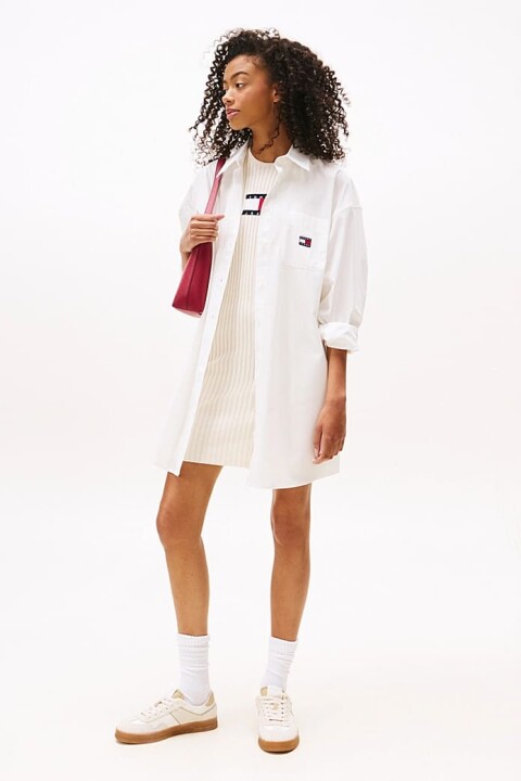 Kadın Oversize Fit Cepli Mini Gömlek Elbise - Ekru 