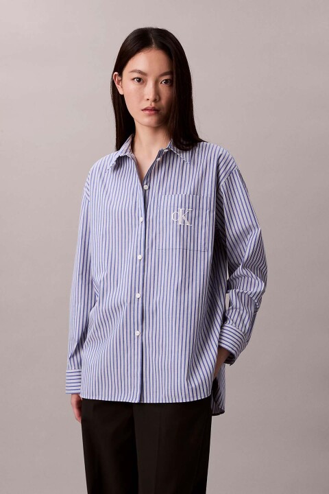 Kadın Oversize Fit Çizgili Poplin Gömlek - Mavi/Beyaz - Calvin Klein