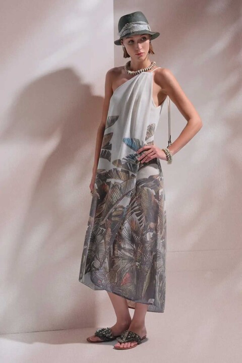 Kadın Palmiye Desenli Tek Omuz Midi Elbise - Yeşil - Join Us