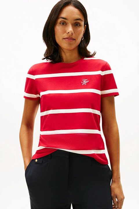 Kadın Pamuklu Çizgili Logolu T-Shirt - Kırmızı 