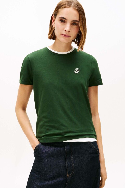 Kadın Pamuklu Nakış Logolu T-Shirt - Yeşil 