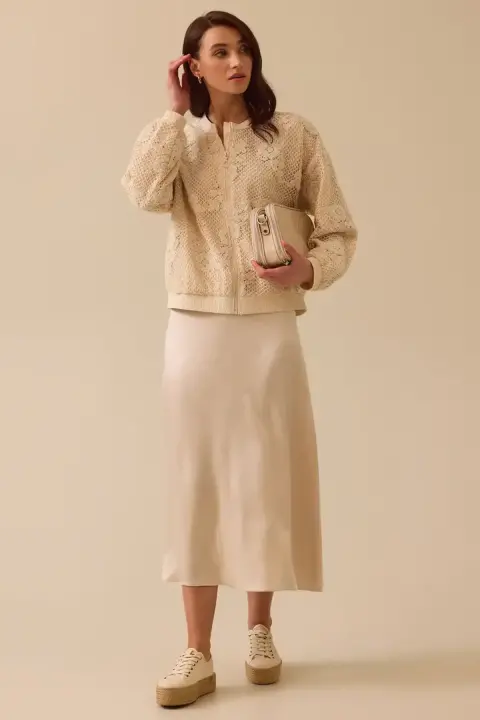 Kadın Parlak Dokulu Saten Uzun Etek - Bej 