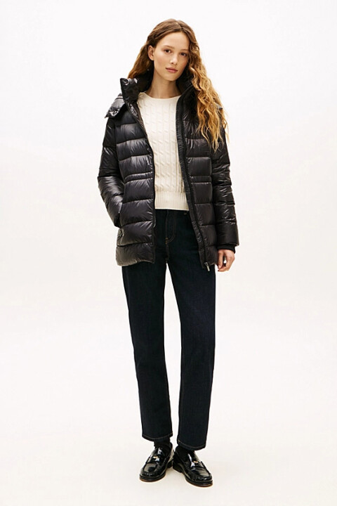 Kadın Parlak Görünümlü Çıkarılabilir Kapüşonlu Şişme Mont - Siyah - Tommy Hilfiger