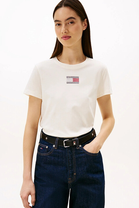 Kadın Party Flag Tam Kalıp Işıltılı Logo Detaylı T-Shirt - Ekru - Tommy Hilfiger