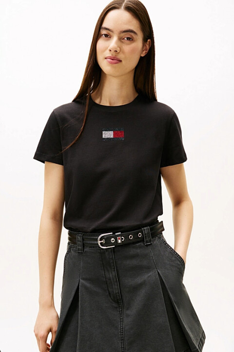 Kadın Party Flag Tam Kalıp Işıltılı Logo Detaylı T-Shirt - Siyah - Tommy Hilfiger