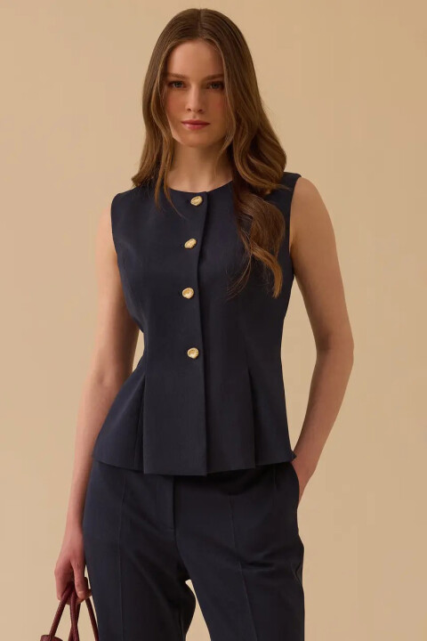 Kadın Pile Detaylı Düğmeli Yelek - Lacivert - Seçil