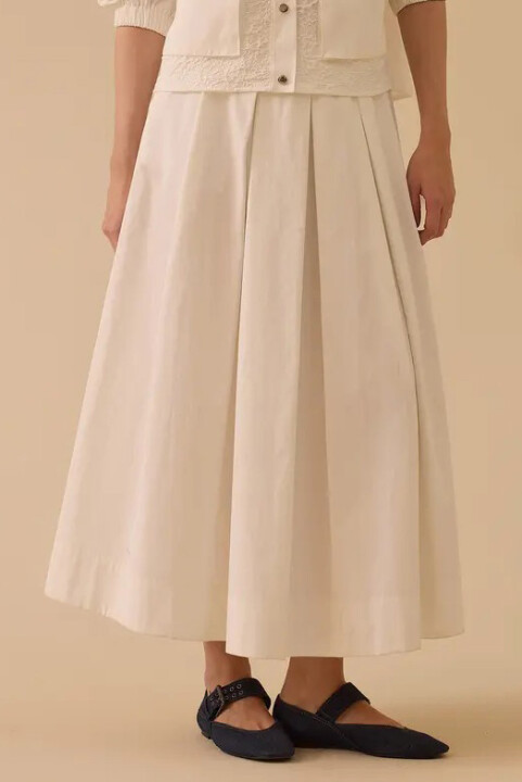 Kadın Pile Detaylı Elastik Bel Kloş Etek - Beyaz - Seçil